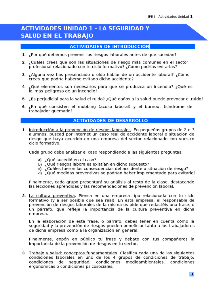 Actividades Unidad 1 - La Seguridad y Salud en El Trabajo | PDF ...