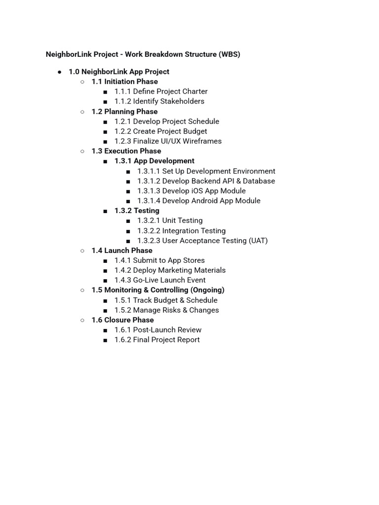 NeighborLink App Project WBS Overview | PDF