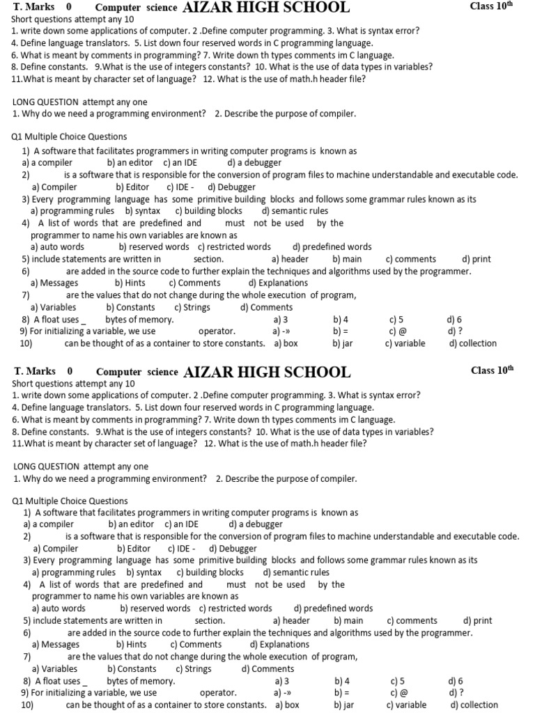 Class 10 Computer Science Questions | PDF | Programming | Computer Program