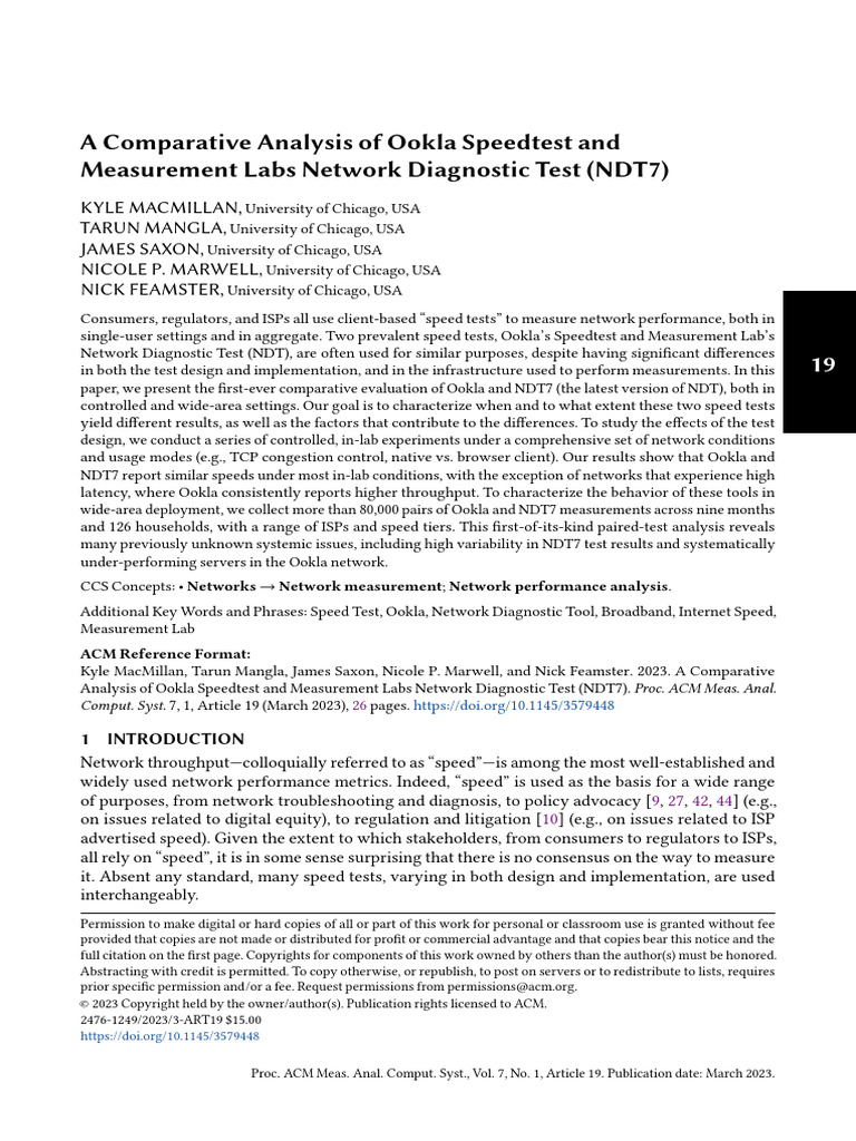 A Comparative Analysis of Ookla Speedtest AndMeasurement Labs Network ...