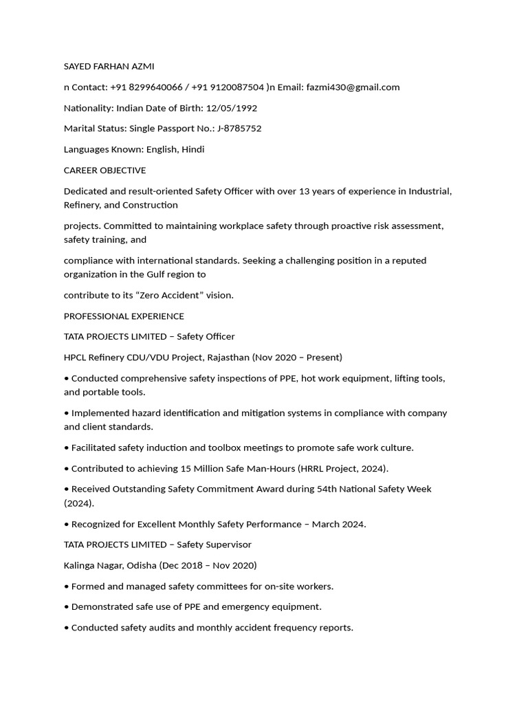 Sayed Farhan Azmi | PDF | Occupational Safety And Health | Safety