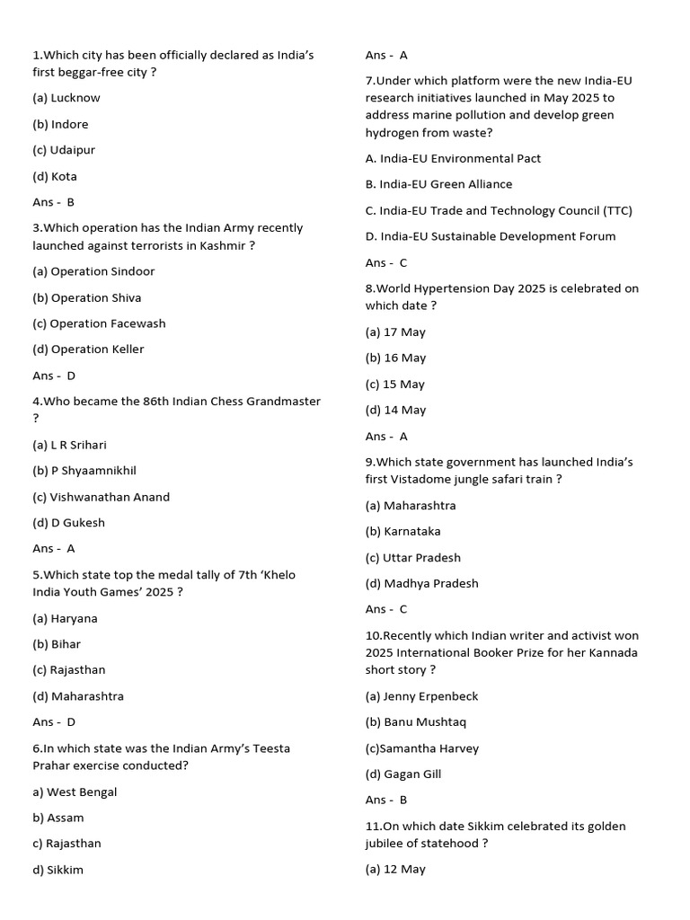 Recent Indian Current Affairs Quiz 2025 | PDF | Government Of India