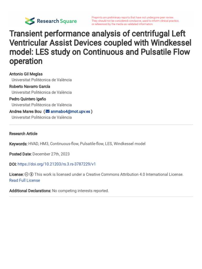 LVAD Transient Performance Analysis | PDF | Viscosity | Computational ...