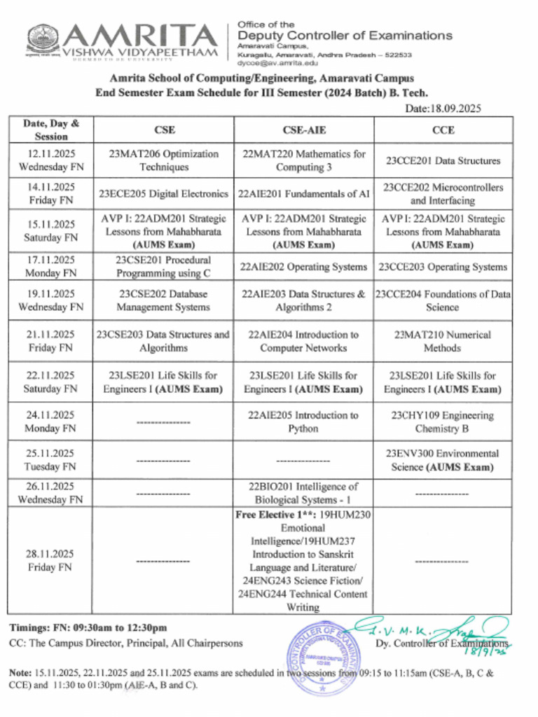 End Semester Schedule 2024 Batch | PDF