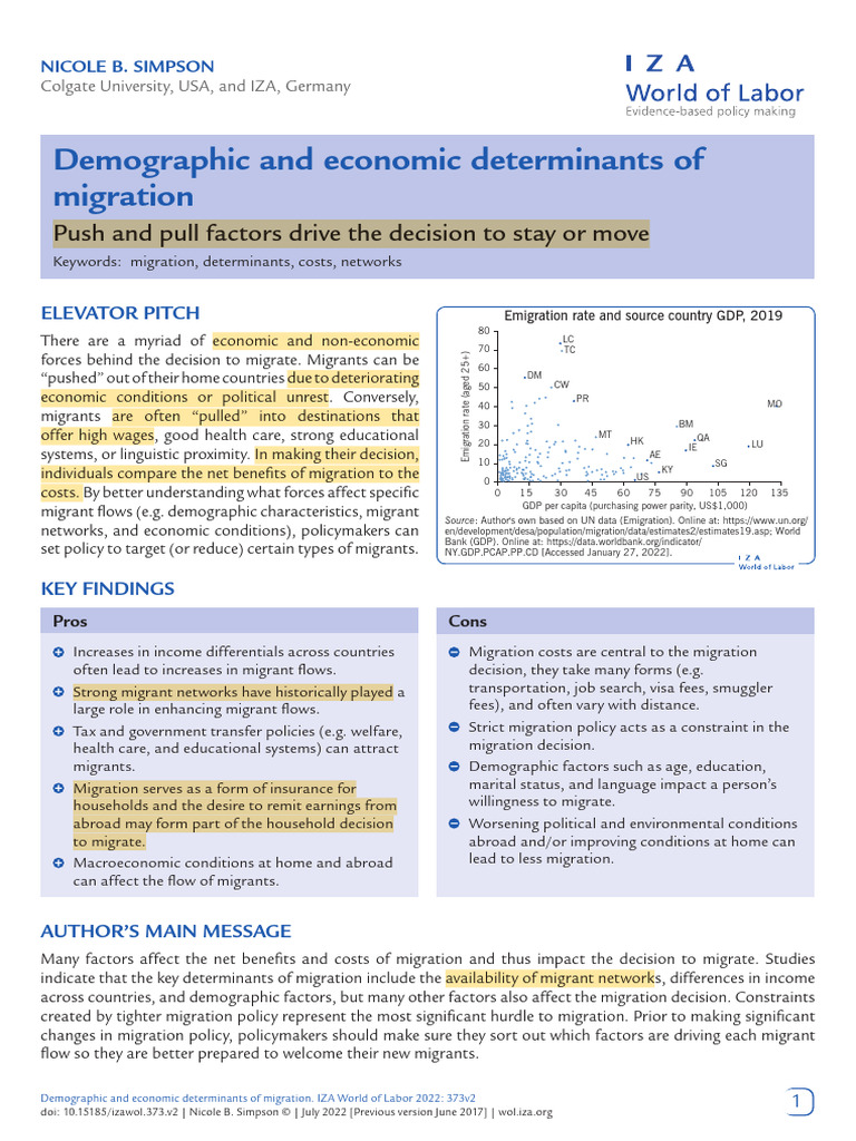 Demographic and Economic Determinants of Migration | PDF | Cost Of ...