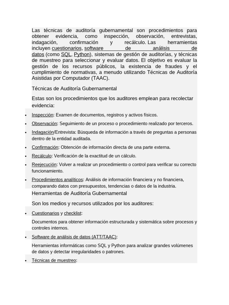 Técnicas de Auditoría Gubernamental | PDF | Auditoría | Datos