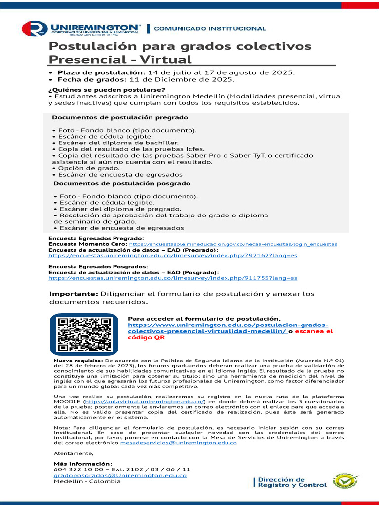Postulación Grados Colectivos Uniremington | PDF