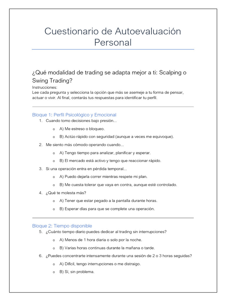 Cuestionario de Autoevaluación Personal | PDF | Cognición | Conceptos ...
