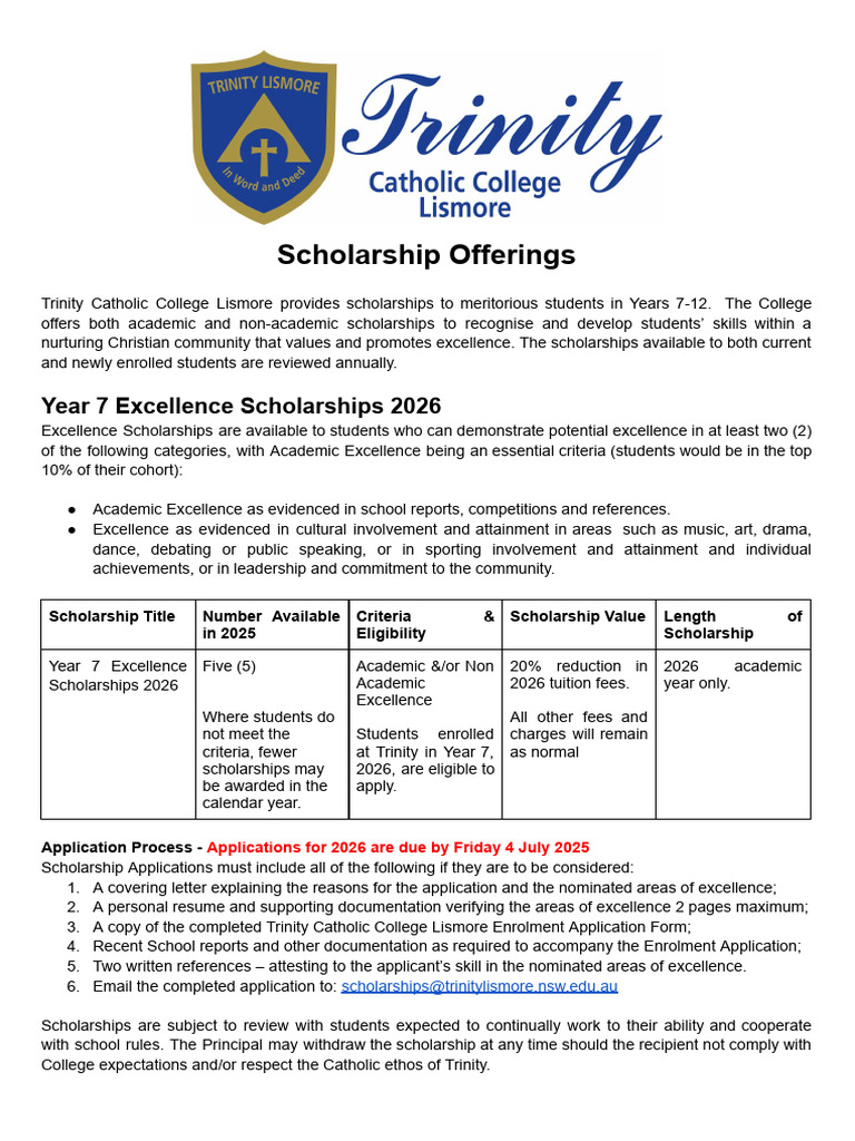Trinity Catholic College Scholarships 2026 | PDF