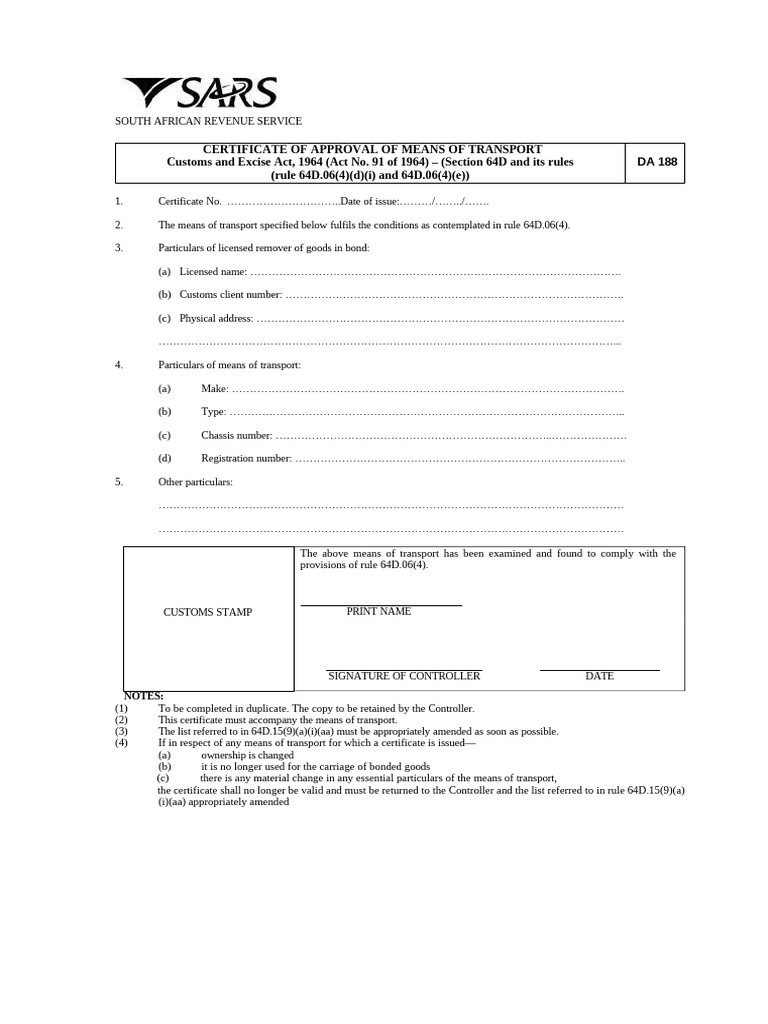 DA 188 Transport Approval Certificate | PDF