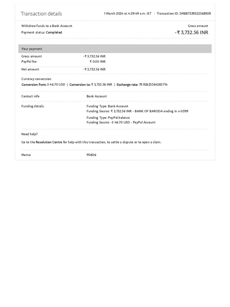 PayPal Transaction Summary: USD to INR | PDF