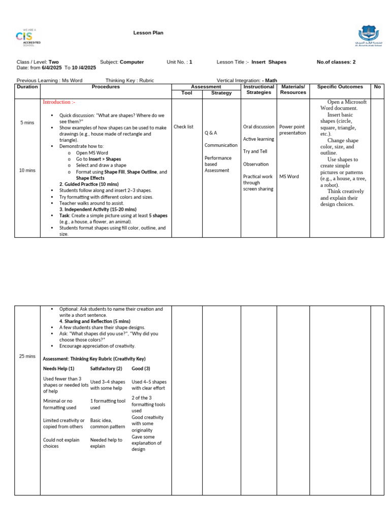 MS Word Shapes Lesson Plan for Kids | PDF | Shape | Microsoft Word