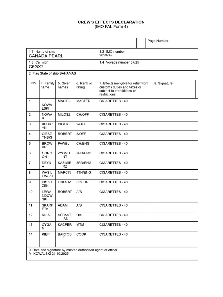 Crew Effects Declaration (FAL Form 4) | PDF