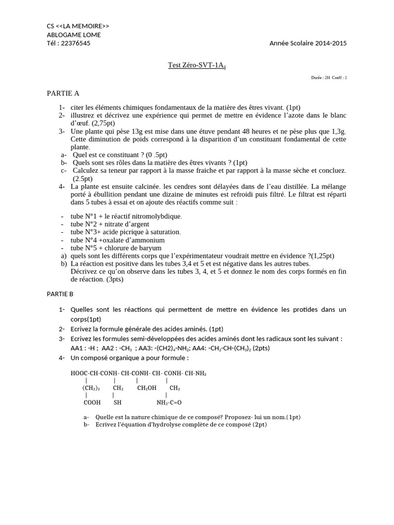 Test de SVT : Mémoire et Expériences | PDF | Chimie | Substances chimiques