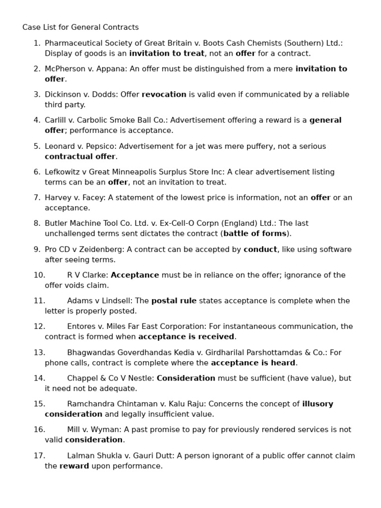 Key Cases in General Contract Law | PDF | Breach Of Contract ...