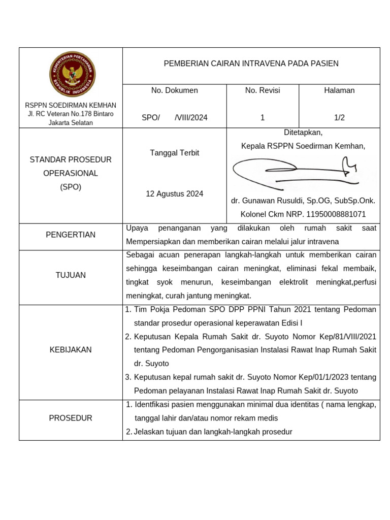 Spo Ranap Pemberian Cairan Intravena Pada Pasien | PDF
