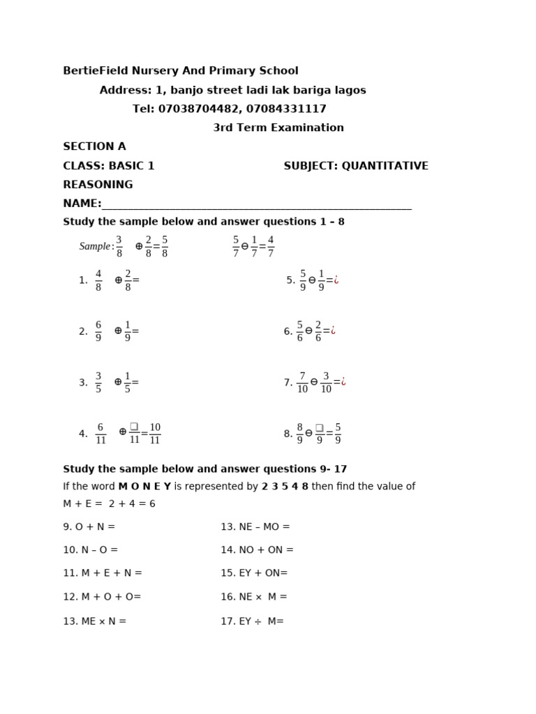 Basic 1 Quantitative Reasoning Exam | PDF | Chess Theory | Chess