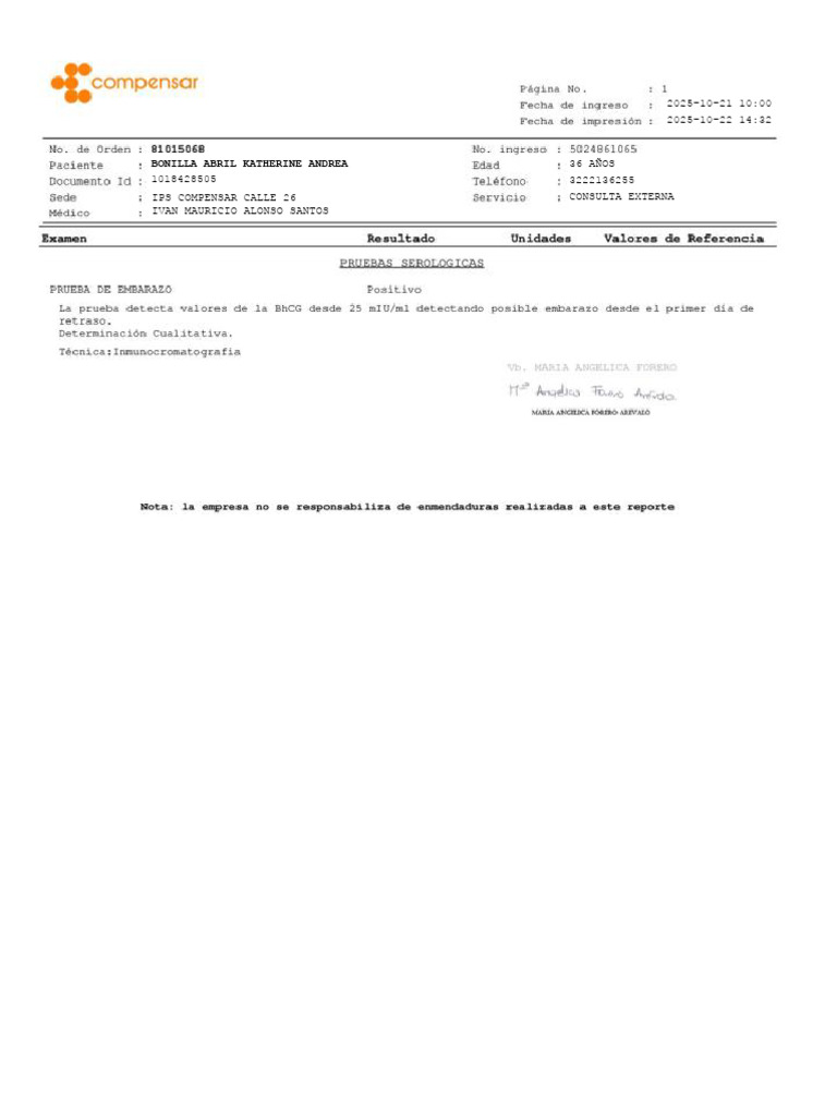 Prueba de Embarazo Compensar Angie | PDF