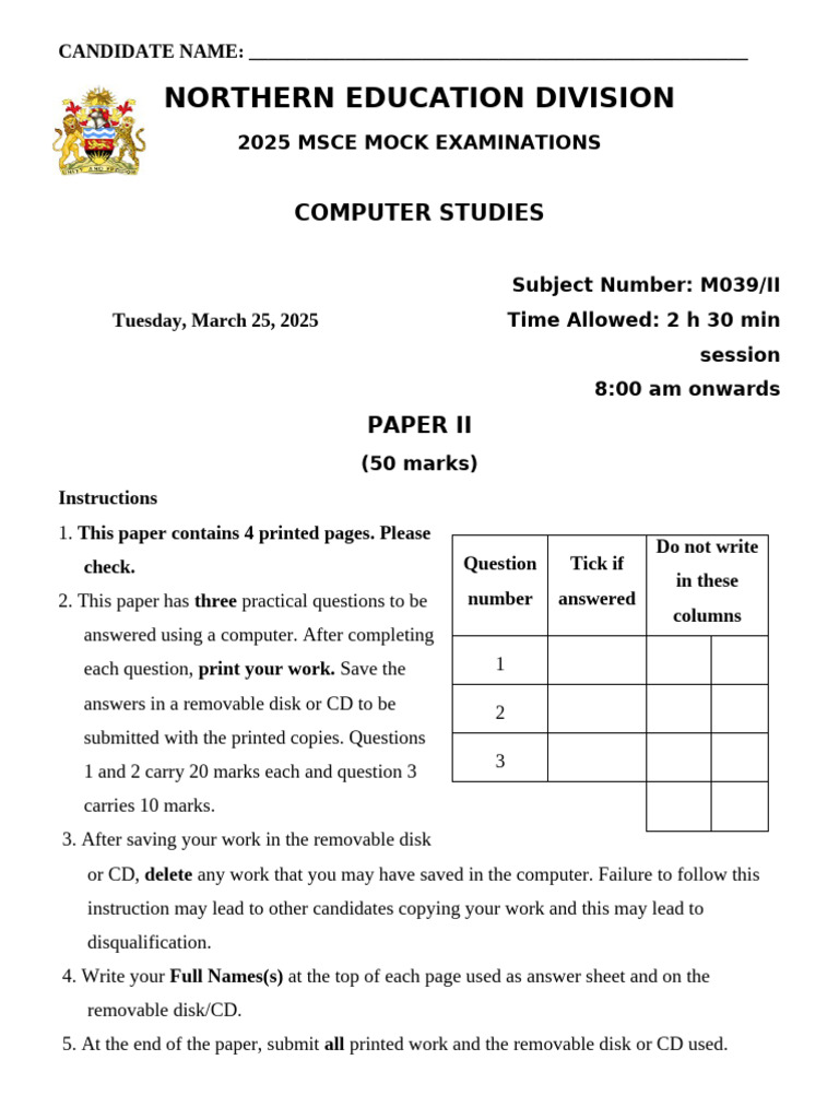 2025 MSCE Computer Studies Mock Exam | PDF | Databases | Computing