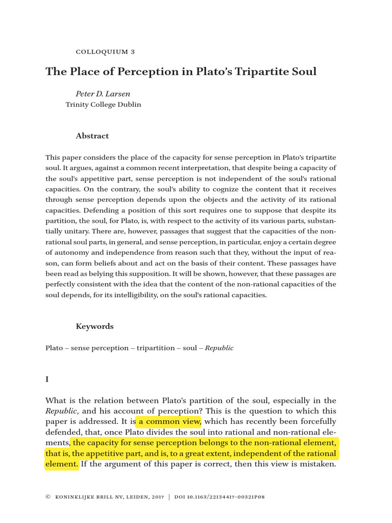 (Larsen) The Place of Perception in Plato's Tripartite Soul | PDF ...