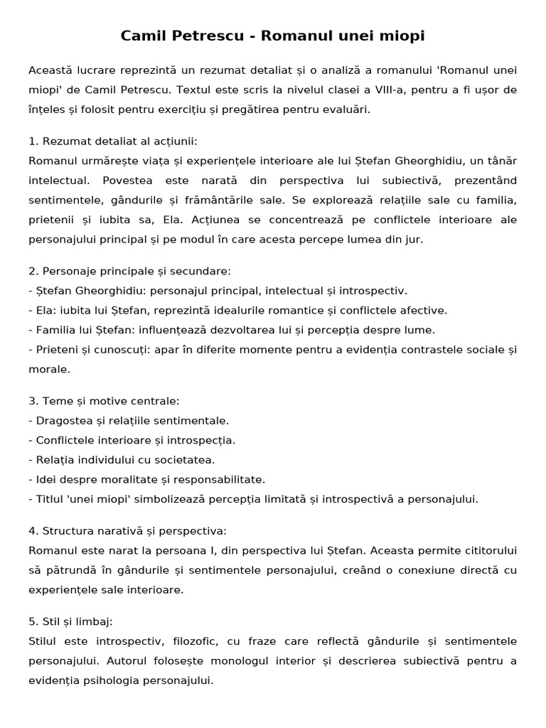 Romanul Unei Miopi Rezumat | PDF