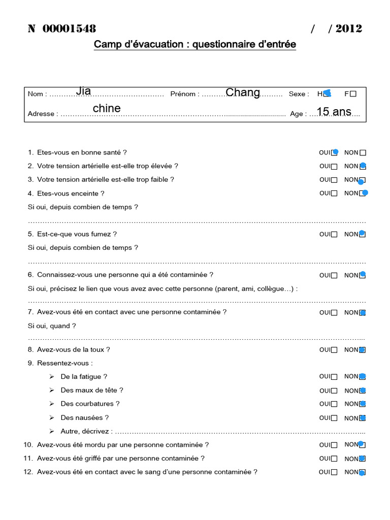 Questionnaire d'entrée pour camp d'évacuation | PDF