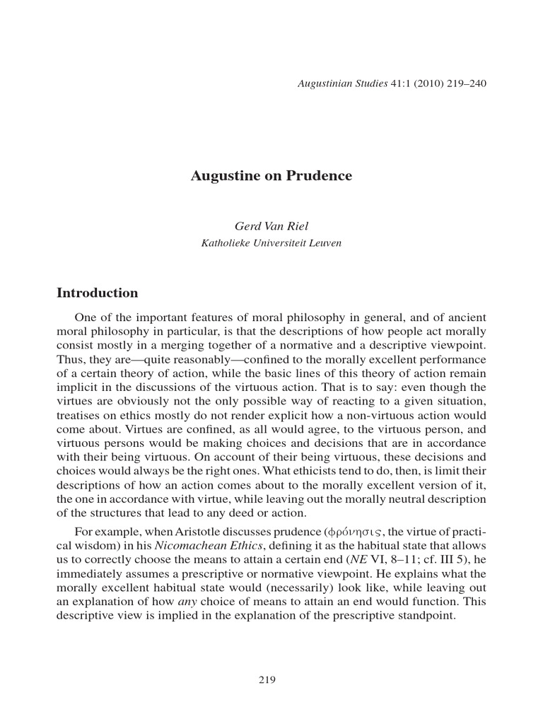 (Van Riel) Augustine On Prudence | PDF | Virtue | Augustine Of Hippo