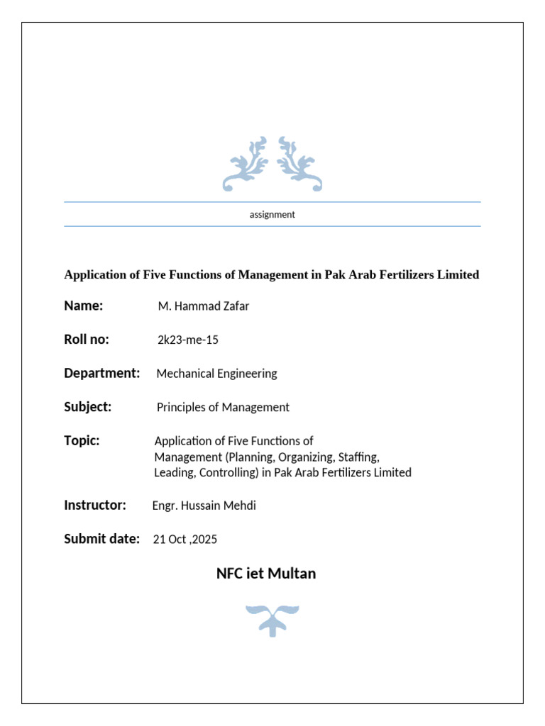 Management Functions at Pak Arab Fertilizers | PDF | Fertilizer | Safety