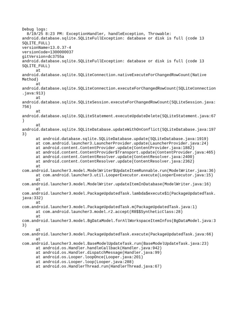 SQLite Full Exception Debug Log | PDF