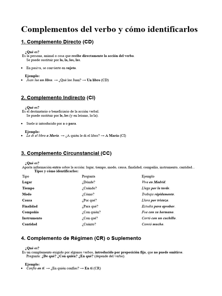 Complementos Del Verbo y Cómo Usarlos | PDF | Asunto (gramática) | Verbo