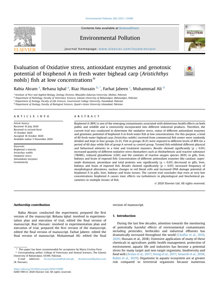 BPA Toxicity in Bighead Carp Fish Study | PDF | Environmental Science