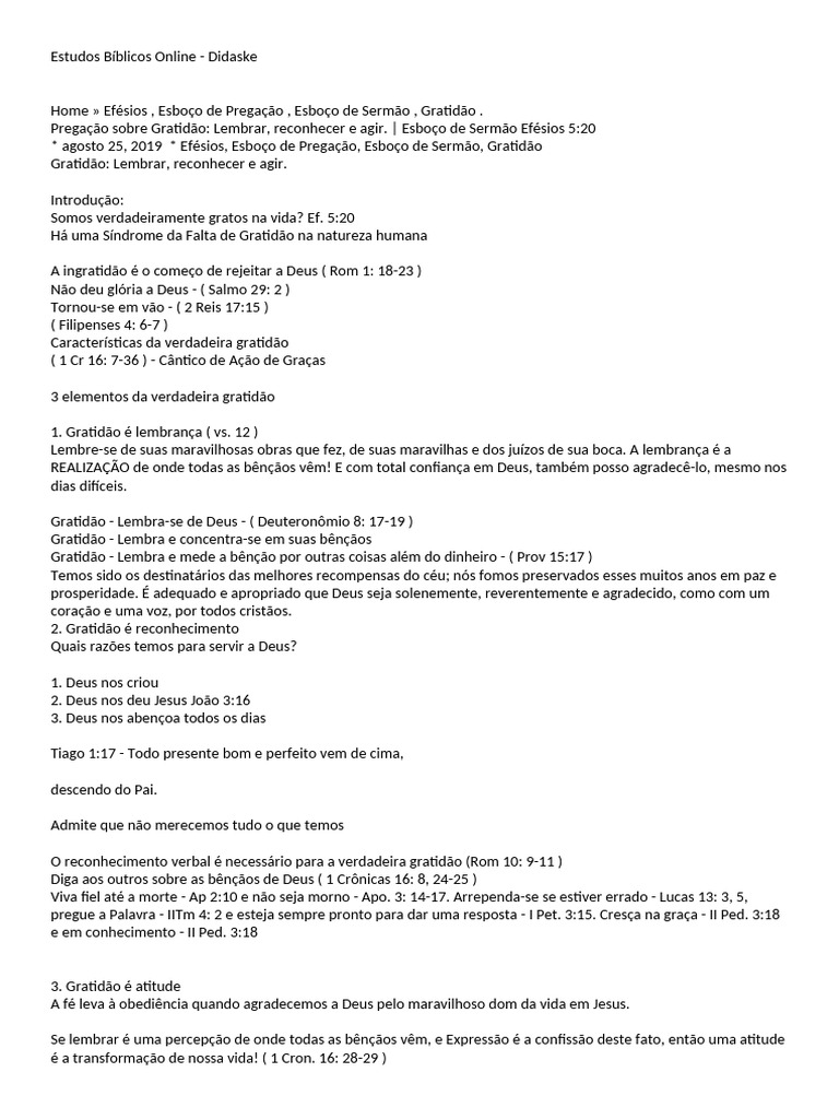 Esboço de Pregação sobre Gratidão | PDF | Jesus | Deus