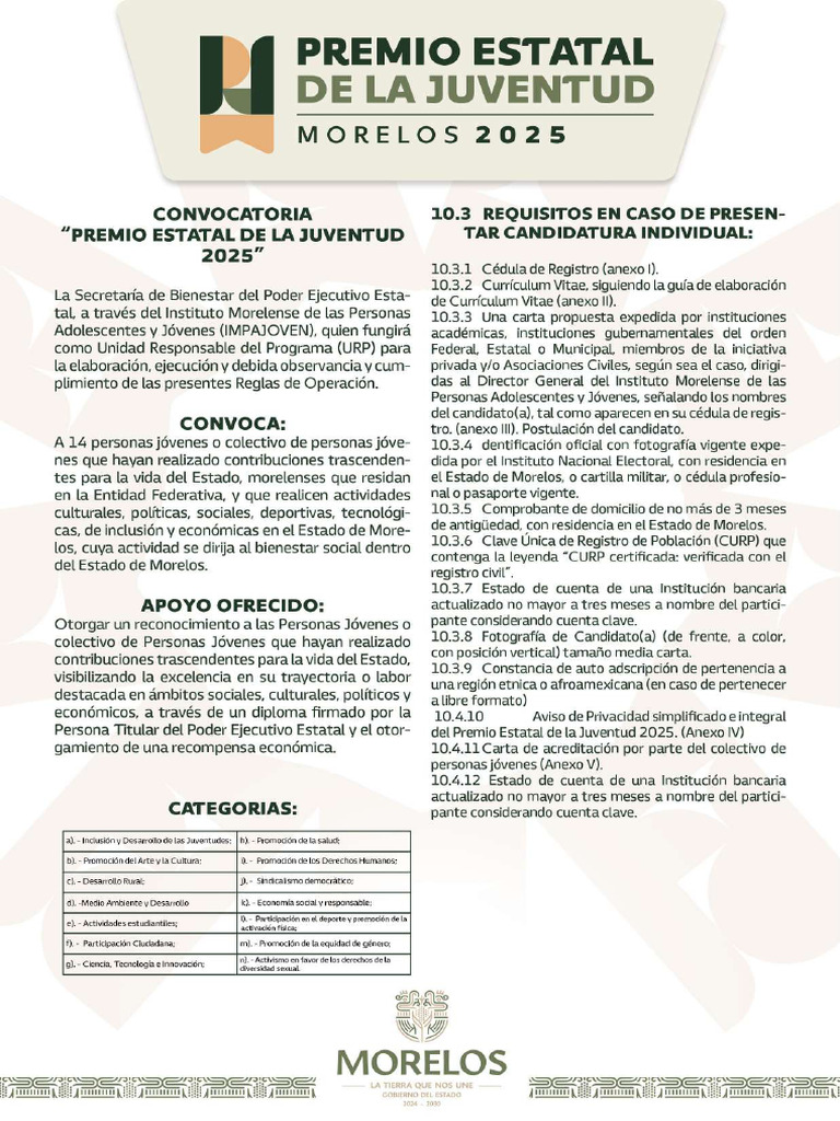 Convocatoria Premio Estatal de La Juventud 2025 | PDF