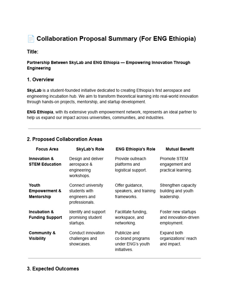 SkyLab & ENG Ethiopia Partnership Proposal | PDF | Innovation | Startup ...