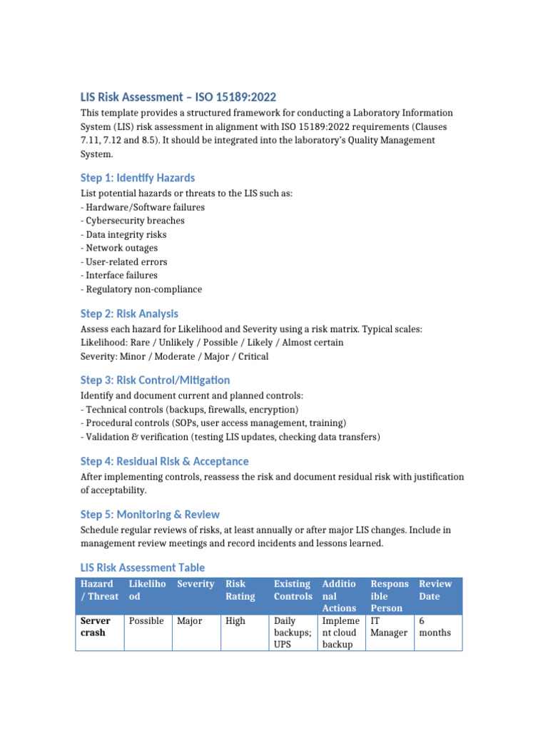 LIS Risk Assessment Template ISO 15189 | PDF