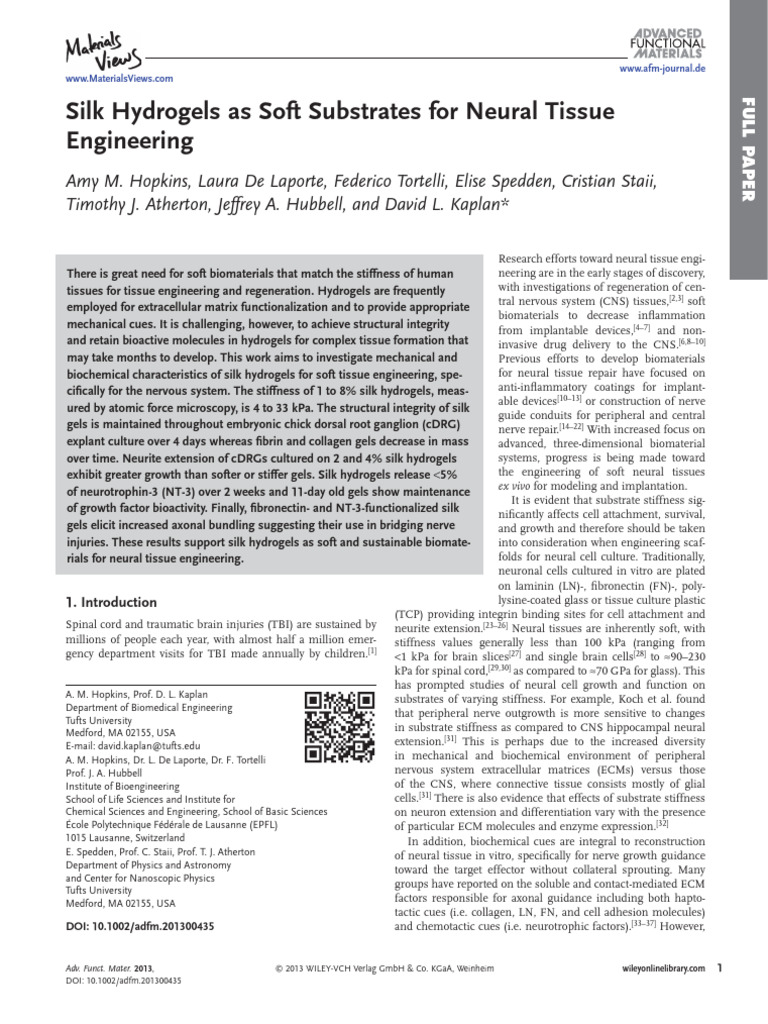 Hopkins Et Al. Silk Hydrogels As Soft Substrates For Neural Tissue ...