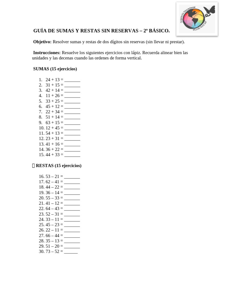 Sumas y Restas Sin Reservas 2º Básico | PDF