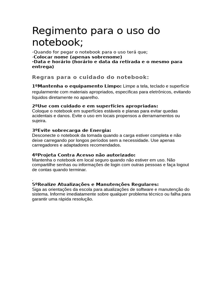Regras de Uso e Cuidado do Notebook | PDF