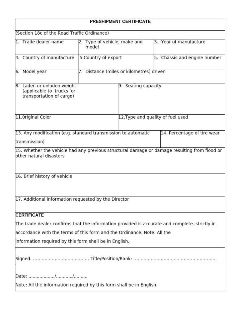 Preshipment Vehicle Certification Form | PDF