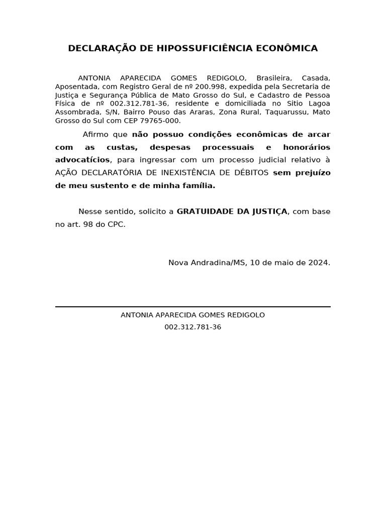 Declaração de Hipossuficiência Econômica | PDF