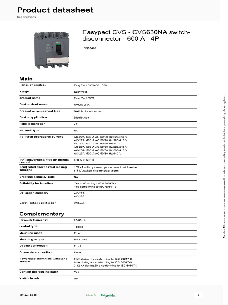 EasyPact CVS630NA Switch Disconnector | PDF | Alternating Current ...