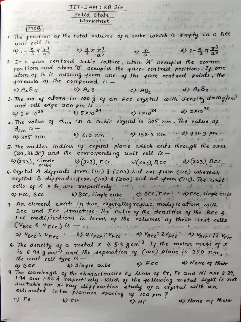 Worksheet - Solid State | PDF | Physical Sciences | Crystallography