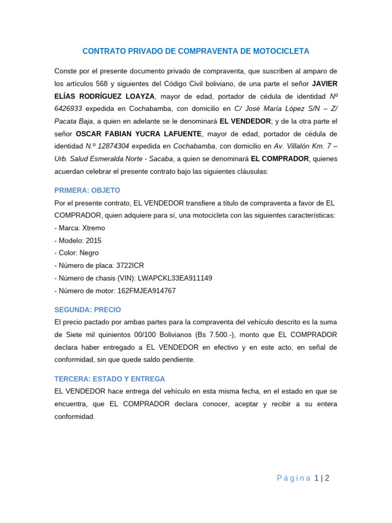 Contrato de Compraventa de Motocicleta | PDF