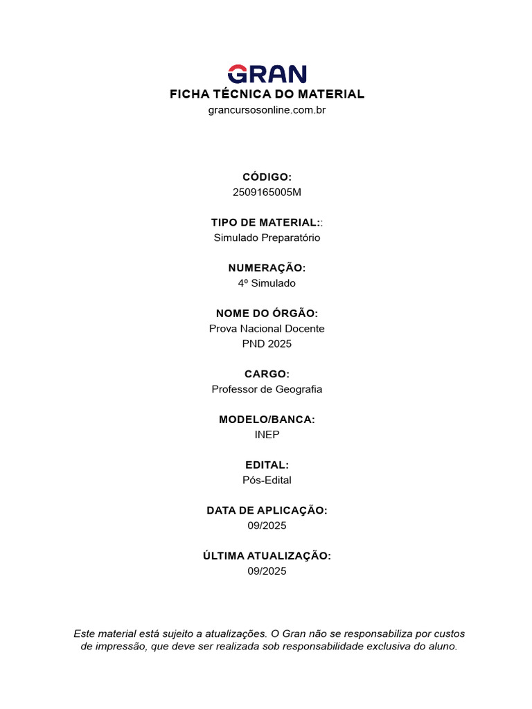 Gabarito PND Geografia 2025 - Simulado 4 | PDF | Pedagogia | Aprendizado