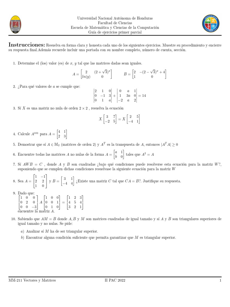 MM211 Ejercicios Practica Primer Parcial 2PAC2022 | PDF | Matriz ...