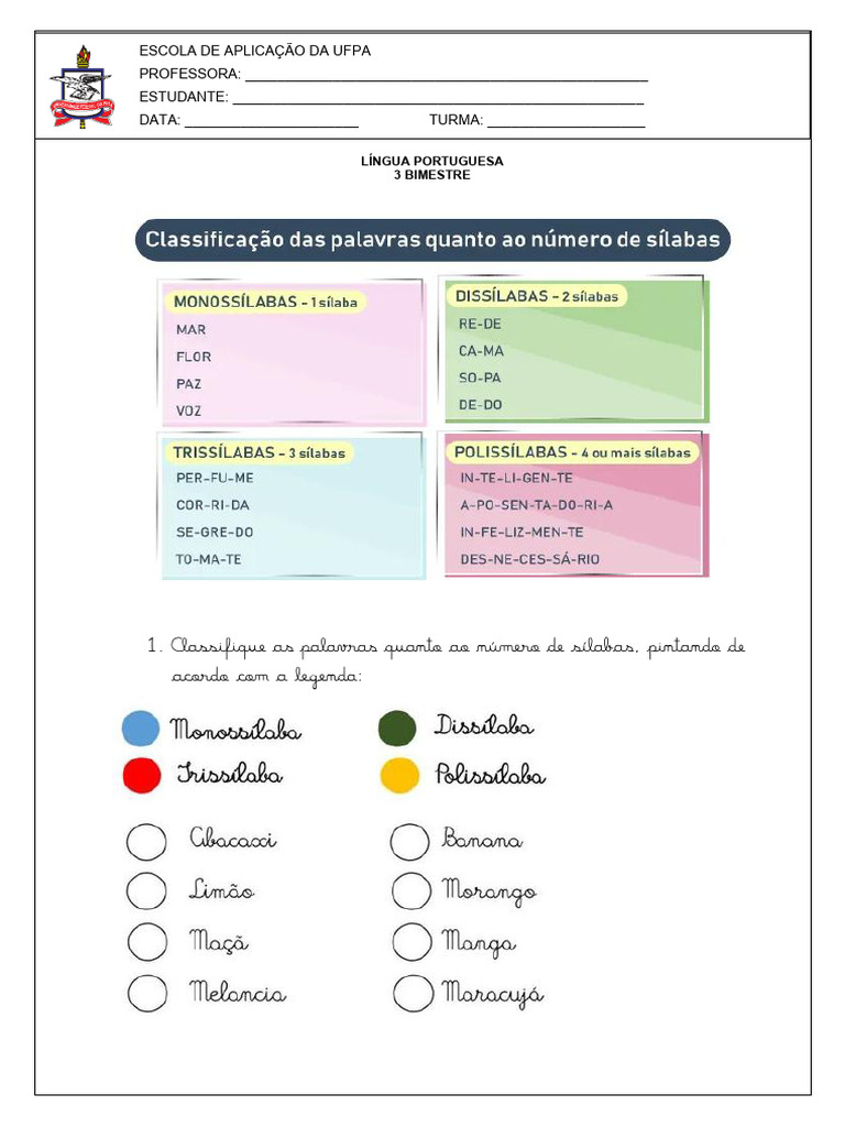 Atividades de Classificação Silábica | PDF