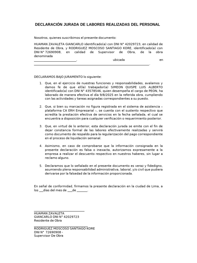 Declaración Jurada de Labores del Personal | PDF