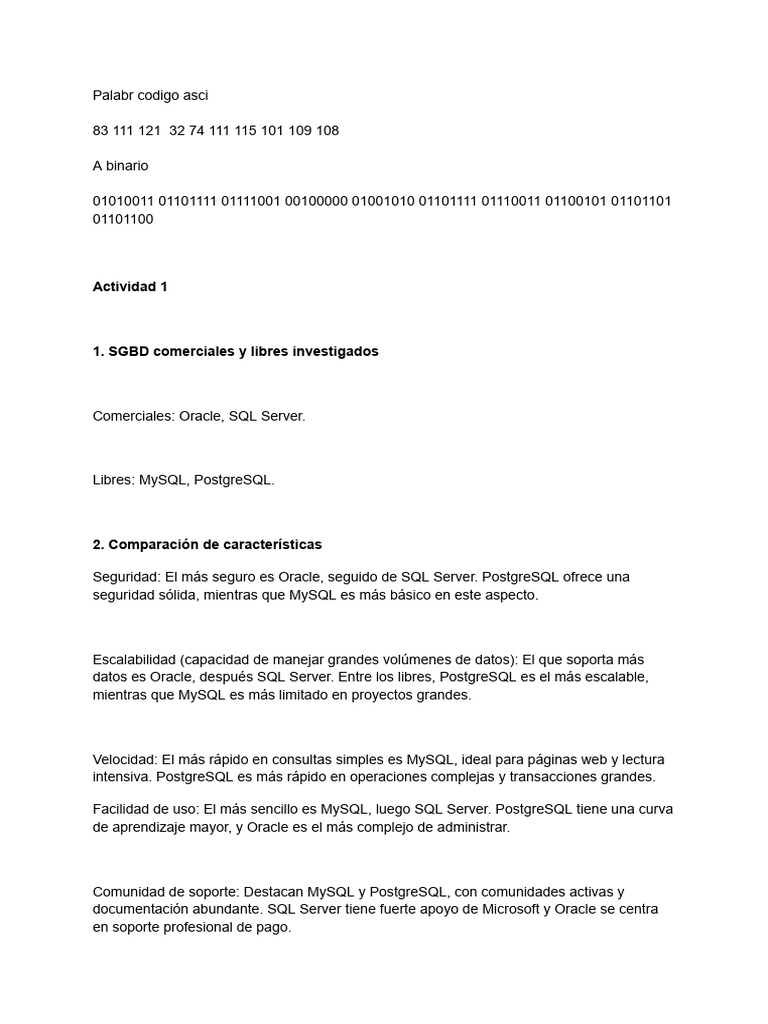 Comparativa de SGBD: Oracle, SQL y MySQL | PDF | Mi sql | Servidor SQL ...