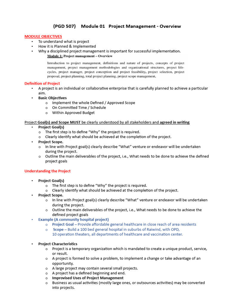 PGD 507 Class Notes On Project Management Overview | PDF | Project ...