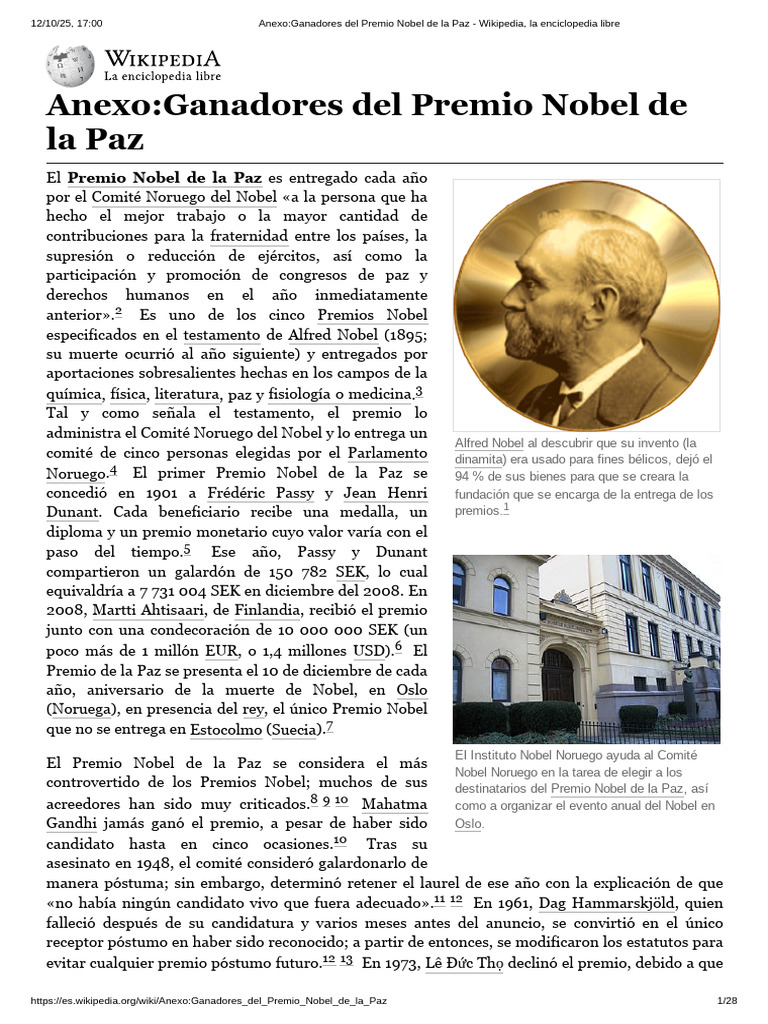 Ganadores del Premio Nobel de la Paz | PDF | premio Nobel